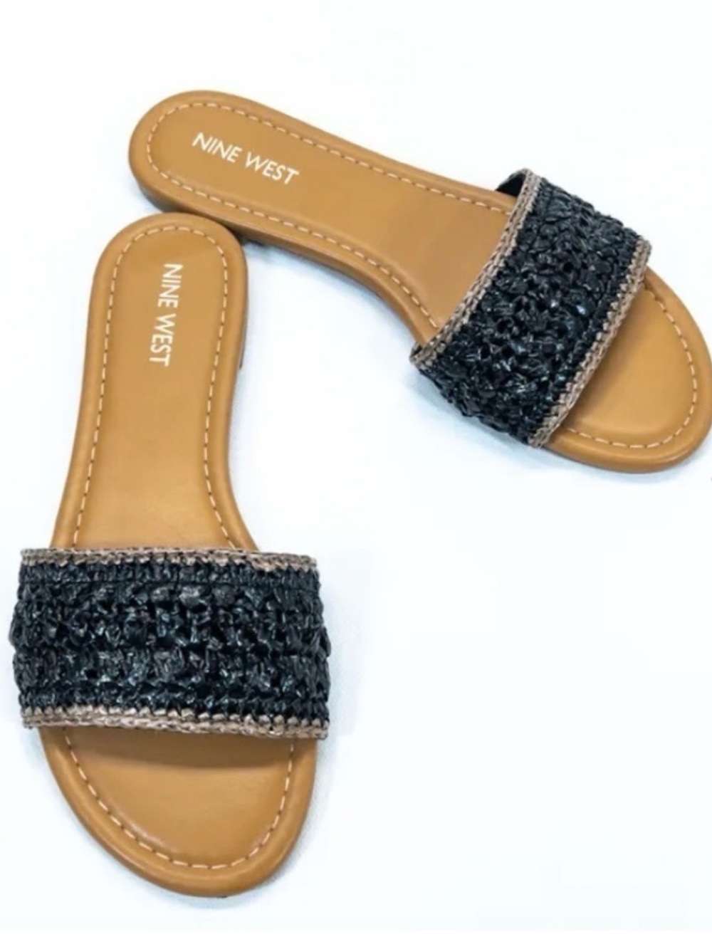 Nine West Black Woven Beehive Slide Sandals wi/ Tan Footbed Size 7 NWOB